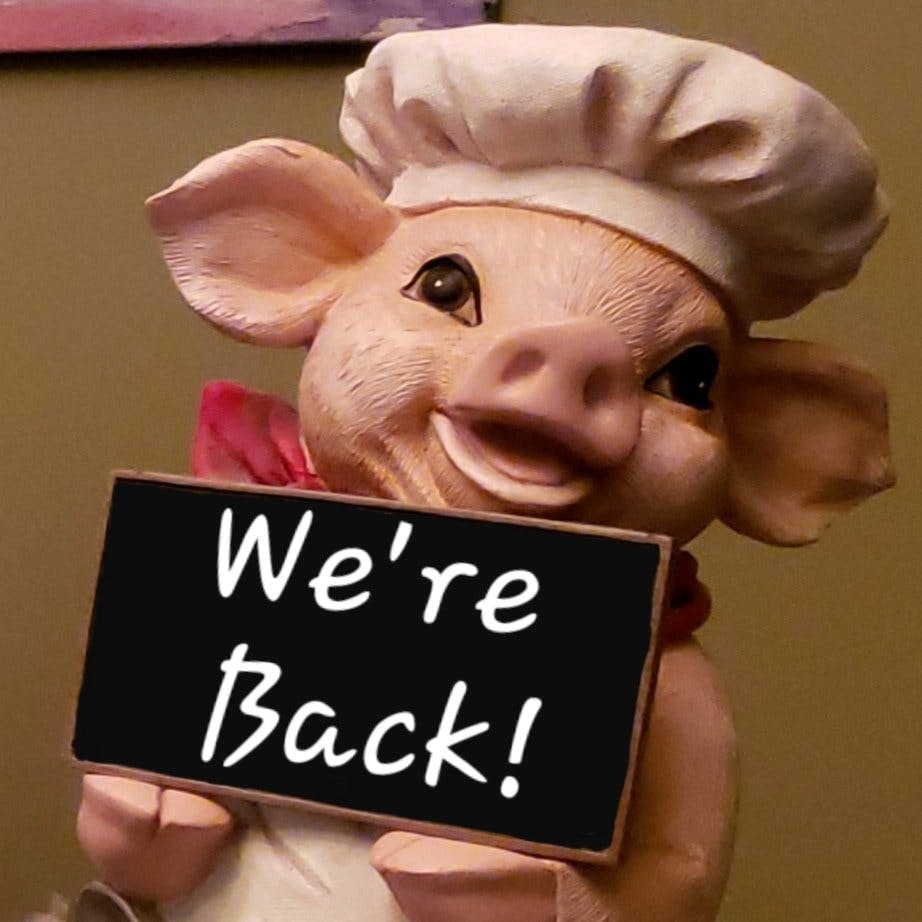 Pig holding a sign that says were back